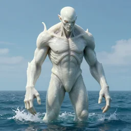 cthulhu, realistic humanoid giant, pale white rubber skin. digital art, ocean, trending on artstation, rendered by octane, 4 k wallpaper, look at all that detail, amazing!