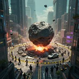 cyberpunk style city, a meteorite hit the center of the city, many police and soldiers set up a cordon around, 8 k, cg, sunlight, cinematic, highly detailed, ultra detailed