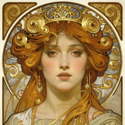 realistic detailed face portrait of Hecate by Alphonse Mucha, Greg Hildebrandt, and Mark Brooks, gilded details, spirals, Neo-Gothic, gothic, Art Nouveau, ornate medieval religious icon