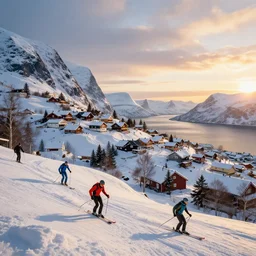 nordic village on a steep hill, people skiing, sunset lighting, hyperrealism, futurism 4 k, octane render
