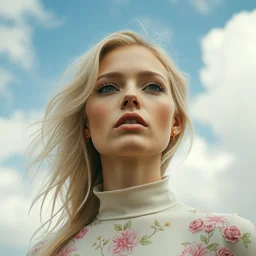 close - up fashion blonde woman portrait airy flowers cloudy sky art by arcane style