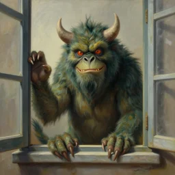 “illustration of a monster watching in the window, realistic painting, classical painting, high definition, digital art, matte painting, very detailed, realistic”