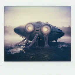 ultra wide angle a big xenobite with 4 glowing eyes with slimey tentacles at crashed spaceship at a misty lake backlighting, faded color polaroid, 1 9 1 0 s photography