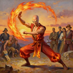 [ squidward ] wearing fire nation clothing and practicing firebending outside at susnset, oil painting, highly [ detailed ], intricate, hd, photorealistic, [ moebius ], greg rutkowski, thomas kinkade, leesha hannigan, ross tran, thierry doizon, kai carpenter, ignacio fernandez rios, artstation