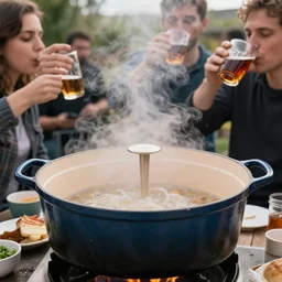 a massive dutch oven with people drinking in front of it