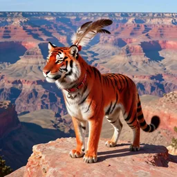 Red Tiger Coyote Hybrid collar wearing feather crest paws tail eyes furry fuzzy standing atop grand canyon greg rutkowski greg danton tony sart raymond swanland chris foss chris cold christophe norman rockwell young acrylic 4k artstation wikiart wikipedia realism tilt-shift aspca national geographic