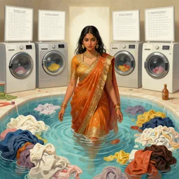 a beautiful illustration of a young hyderabadi female in a pool filled with clothes, humanoid washing machines sharing scores on white panels, sharp focus, illustration, highly detailed, digital painting, concept art, matte, art by wlop and artgerm and greg rutkowski and alphonse mucha, masterpiece