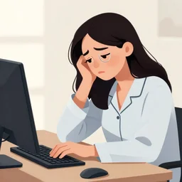 tired girl in pyjamas working on computer, tired, rings around eyes, digital art