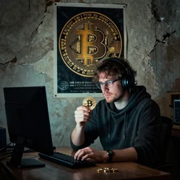 typical cryptocurrency nerd, sitting in front of the computer, shilling, dark basement decay, bitcoin poster in background, cracked walls, photomanipulation