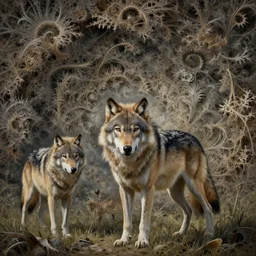 a beautiful landscape of a wolf by jason de graaf, pedro campos and denis peterson. intricate, detailed, complex, fractal, hd, 4 k, realism, hyperrealistic painting, appgamekit, art of illusion, artrift, cryengine, finalrender, rendered in blender, shadow depth, sketchfab, sketchlab, substance designer, vray, unreal engine 5