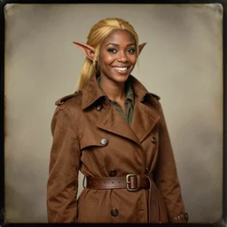 daguerreotype of beautiful elf, brown trench coat, detailed face, brown skin, golden ponytail, happy, belts around, steampunk, dnd, smooth, sharp focus, extremely detailed, by rebecca guay, sakimichan, rossdraws