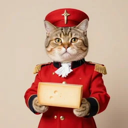 Napolean cat in red uniform holding a block of cheese