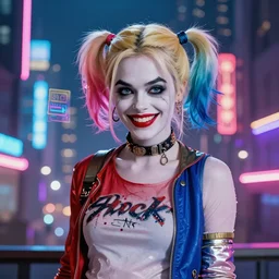 harley quinn film still, standing pose, head and shoulder shot, smiling, cyberpunk setting, beautiful cityscape background, neon signs, vibrant colors, holograms, 4k, wallpaper digital art