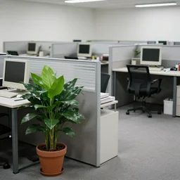 photography of a boring office interior, cubicles, a potted plant, desks and old computers in the background