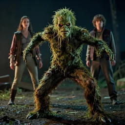 swamp thing in a dynamic action pose, forward angle, dramatic night lighting, by kelly jones and kyle hotz, 4 k, 8 mm, octane
