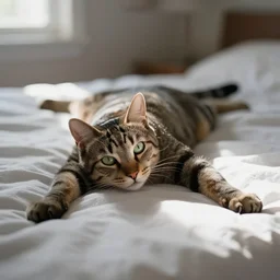 an adult cat, male, tabby, medium hair, green eyes, stretched out on bed, light from window casting beam on face, lazy, artistic, photography, unreal engine 5