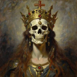 beautiful expressive oil painting portrait of ancient cyborg god queen with a jeweled skull mask ascending wearing a neo japan crown, art by anders zorn, wonderful masterpiece by greg rutkowski, beautiful cinematic light, american romanticism by greg manchess, jessica rossier