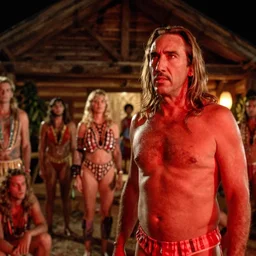 nicolas cage next to a 6 0 year old linus roache with long blond hair, male bathing suit, red lighting, cult meeting, log cabin background, nighttime, cinestill 8 0 0 t, 1 9 8 0 s movie still, film grain
