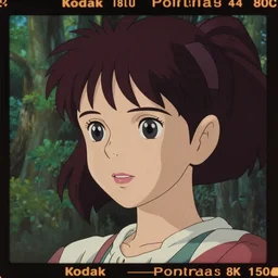 Kodak Portra 400, 8K, highly detailed, claire danes as studio ghibli princess mononoke anime style 3/4 extreme closeup portrait, eye contact, focus on girl model, tilt shift zaha hadid anime style forest background: famous princess mononoke anime remake, forest scene