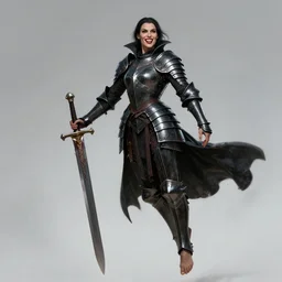 female vampire warrior, full body portrait, sharp teeth, grinning, muscular, flying, barefoot, no shoes, exposed feet, black full plate armor, historical armor, realistic armor, covered chest, metal mask, giant two - handed sword dripping blood, realistic, dungeons and dragons.