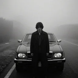 a noir film scene, single character, car, mist, foggy, mysterious, monochrome, by yoji shinkawa