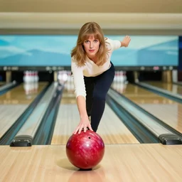 jayne mansfield in a bowling alley, jayne mansfield about to roll a large red bowling ball down a bowling land towards bowling pins, jayne mansfield holding a large red bowling ball in a provocative pose, by mort kunstler and gil elvgren