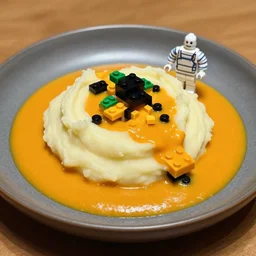 Lego bricks on orange gravy , mashed potatoes, Michelin star, award winning