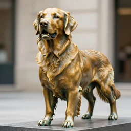 a 4 k photorealistic photo medium shot of a bronze statue of a golden retriever.