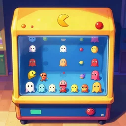 pac - man game cabinet in the style of anime, over head view, pac - man colors. anime characters, ghosts, dots