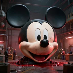 a giant mickey mouse head, factory floor, surrounded by factory workers, octane render, cgstation, 3 d render, very detailed, mindblowing, blood and guts, gritty, cyberpunk, red and cinematic lighting, hyper realism