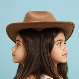portrait of 2 5 - year - old social media profil woman oval pretty brazil style face with angle 9 0 ° centred looking away breading fresh air, strong spirit and look between serious and happy, caracter with brown hat, background soft blue