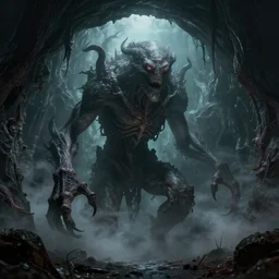 a giant lovecraft creature going through a hell portal, dark vives, volumetric mist, intrincate details, trending on artstation