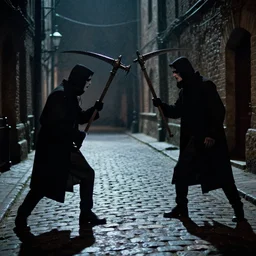 9 0 s teenage fiction book, 2 grim reapers fighting with scythes, shadowy cobblestone alleyway, sydney rocks, movie still from the grim wars ( 1 9 8 5 )