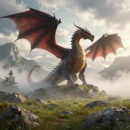 beautiful render of a dragon, summer landscape, unreal engine, first light, majestic mountains, rocky meadows, morning mist, dramatic clouds, majestic dragon, soft light, by greg rutkowski, cgsociety