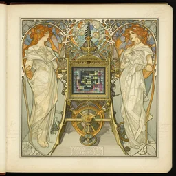 beautiful, symmetric, art nouveau, detailed, intricate technical drawings on parchment from 1 8 4 0 with extensive written labels and covered in scribbled pencil notes in open space, for a mechanical display attachment to babbage's difference engine, showing a screen playing tetris, by ron cobb and alphonse mucha