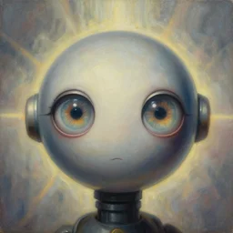 holy saint aura battle robot award winning closeup portrait huge eyes symmetry faded tetrachromacy desaturated colors trippy background tim hildebrandt wayne barlowe bruce pennington donato giancola larry elmore masterpiece trending on artstation cinematic composition beautiful lighting hyper detailed!!! 8 k oil on canvas