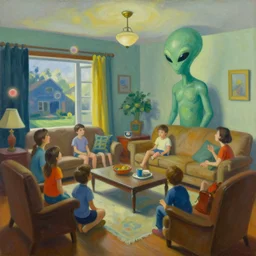 painting of a family building getting lectured by a very large alien in their suburban living room, energetic orbs in the air, in the style of edward hopper