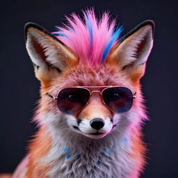 fox animal, pink and blue mohawk hairstyle, aviator sunglasses, synthwave style, portrait, artstation, detailed, award winning, furry, dramatic lighting