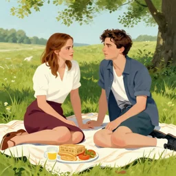 timothee chalamet, emma watson, picnic artwork by gaston bussiere, craig mullins, trending on artstation
