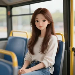 beautiful 3 d render of a young woman with long brown hair sitting on a bus hyper realistic intricate concept art trending on artstation