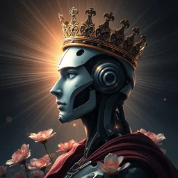 profile view portrait of an ai robot king wearing a crown 4 k digital art, anime, two dimensional, looking to the side, flowers, trending on artstation, god rays, sunray, diffusion, disollution, portal to outer space, carvaggio, da vinci, deviantart, ilya kushinov, chiaroscuro, raphael, caravaggio, giger
