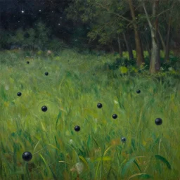a gaggle of little black bubbles swirled, windblown, across the grass under the trees and stars these machine organisms swirled and swooped, to insert a slender probe or proboscis into the ground, oil painting by tomasz jedruszek, craig davison, anton semonov