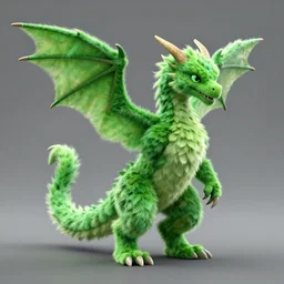 a 3 d render of a green feathery male dragon with armwings and a spike at the tip of his tail