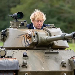 Medium shot photograph of Boris Johnson inside a tiger tank, 4k, ultra HD