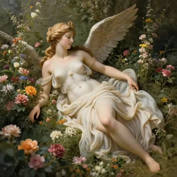 high definition, digital, hyperreal, 2 k, tilt - shift, aphrodite, goddess of love, surrounded by flowers, in the style of a painting