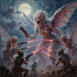 concept art of giant mutant fairy attack, lovecraftian, lots of teeth, melting horror, fluffy feathers, round moon, rich clouds, fighting the horrors of the unknown with laser guns, high resolution, very detailed, colorful, roaring, volumetric light, mist, grim, fine art, decaying, textured oil over canvas, epic fantasy art, colorful