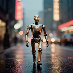 a 2 8 mm macro kodachrome photo of a metallic cyborg droid with glowing lights, walking alone on a rainy night in the city in the 1 9 5 0's, seen from a distance, bokeh, canon 5 0 mm, cinematic lighting, film, photography, golden hour, depth of field, award - winning, neon, cyberpunk