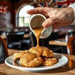 pouring light - brown gravy onto a plate of cookies, at a british - themed restaurant