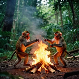 real life 1 2 monkeys dancing around a fire in a jungle, cinematic, volumetric lighting, vivid colours, f 8 aperture, cinematic eastman 5 3 8 4 film, photorealistic