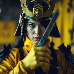 portrait female samurai, defiant, cyberpunk, vibrant yellow colors, surreal, french baroque style by alexander mcqueen, hyper detailed, cinematic, photograph leica 1 9 7 0 photography portrait